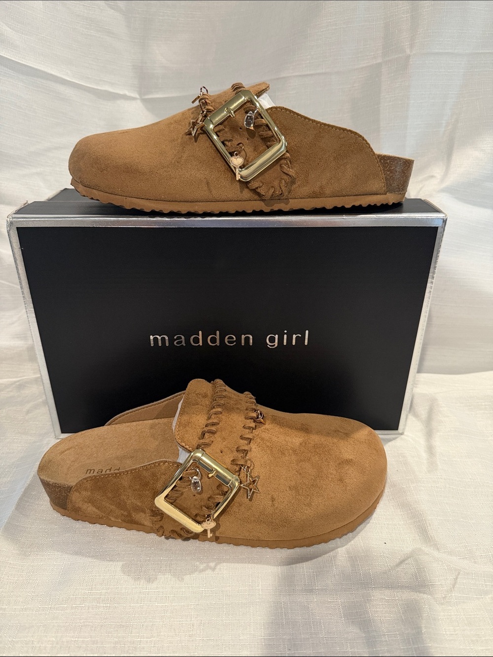 Madden Girl Tan Suede Slip-On Clogs with Gold Buckle